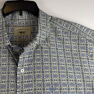 Coastal Cotton Mens XXL Blue Yellow Geometric Mosaic Short Sleeve Button Shirt
